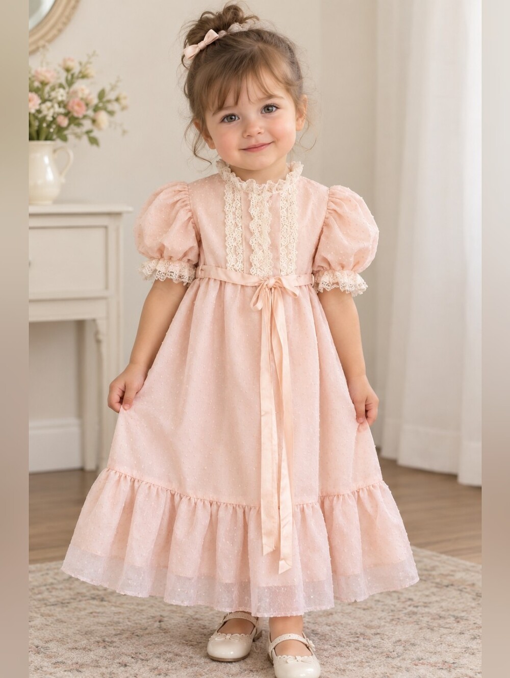 Vintage Dorissa Of Miami Pink Lace-Trim Puff Sleeve Girls' Dress